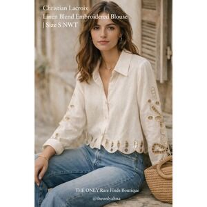 Christian Lacroix Linen Blend Embroidered Scallop Hem Blouse S NWT